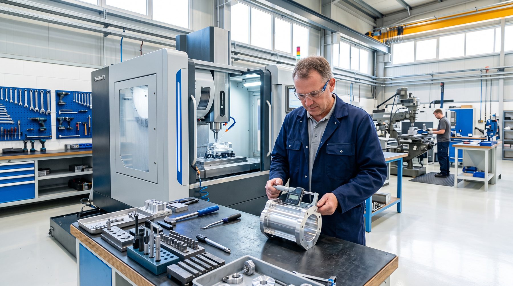 Ein Zerspanungsmechaniker prüft ein frisch gefertigtes Metallteil mit einer Bügelmessschraube, dahinter ein Bearbeitungszentrum.