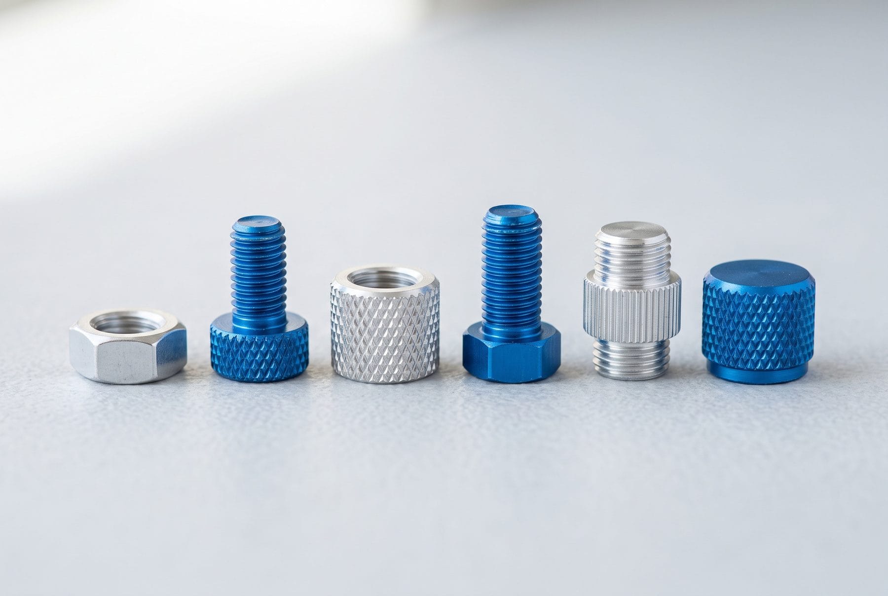 Eloxierte Aluminium-Präzisionsteile in Blau und Silber, in einer Reihe auf hellem Studiogrund.